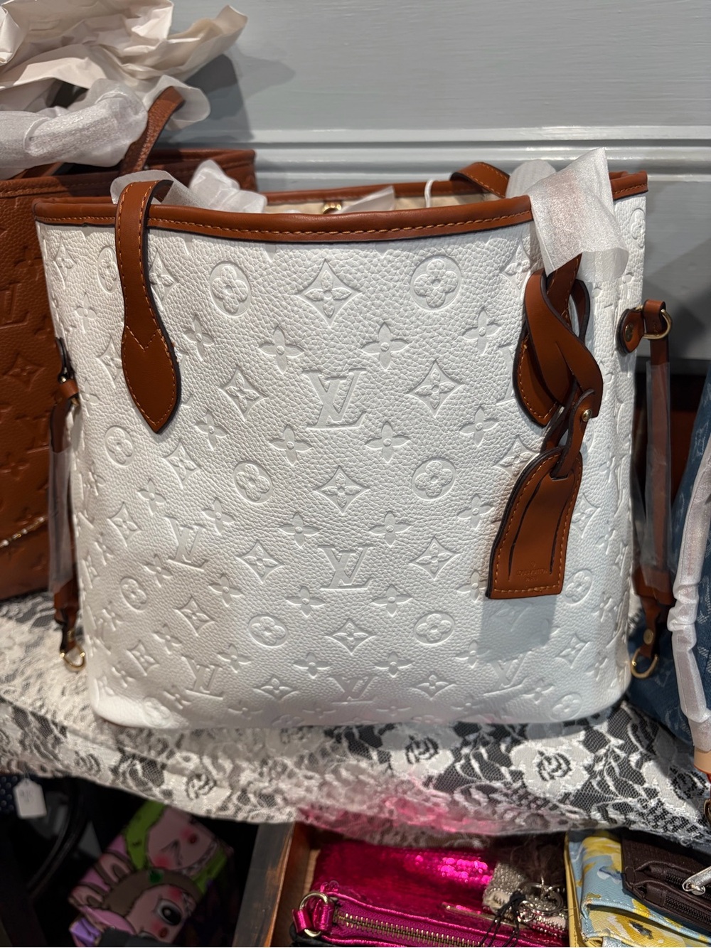 Monogram Embossed Leather Tote with Brown Trim
